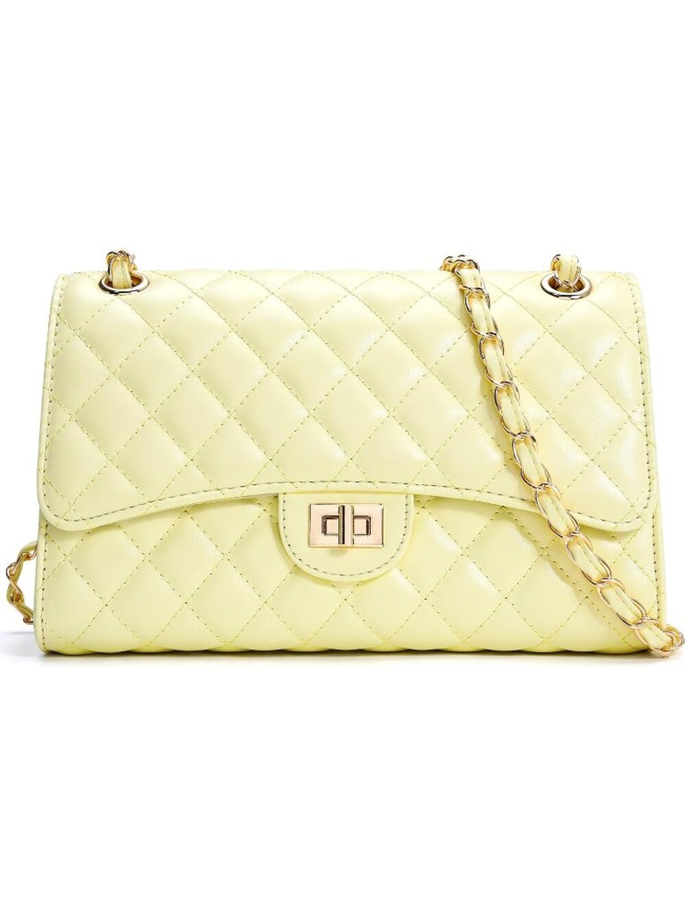 Women's Light Yellow PU Leather Quilted Purse Chain Strap Crossbody Shoulder Bag